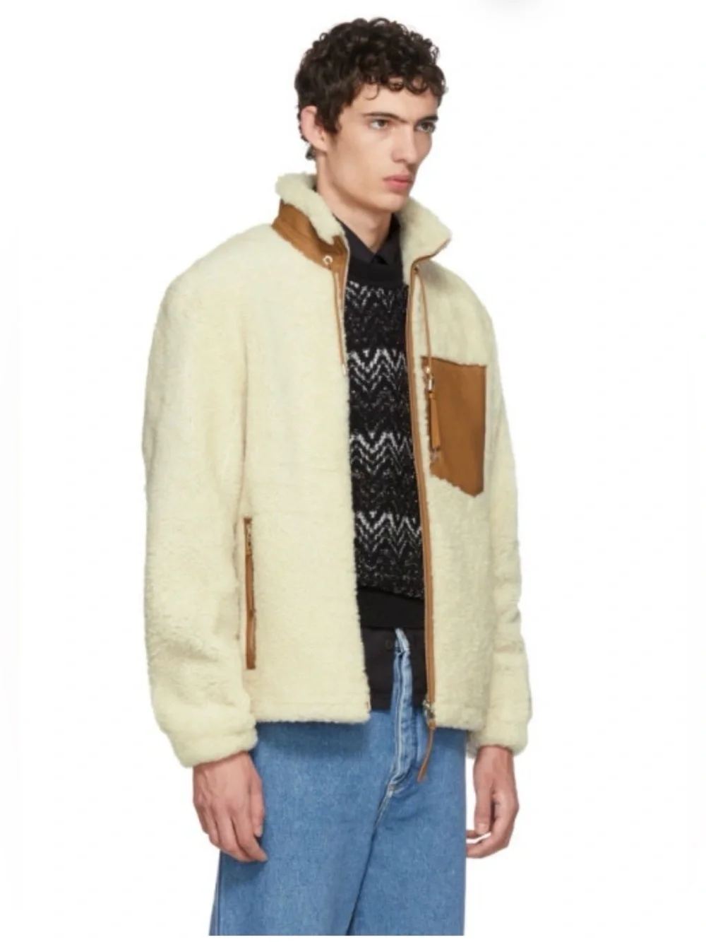 Orvis Sherpa Fleece Jacket, Contrasting Chest pocket & 100% Brown Leather Trim.
